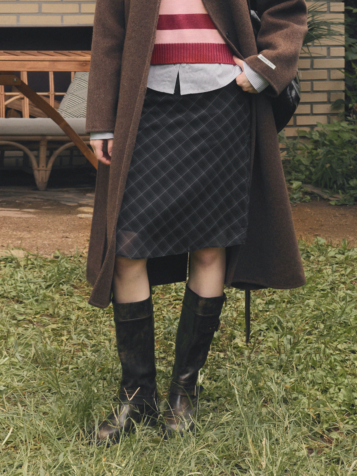 【TWEE】Bennu Check Chiffon Midi Skirt