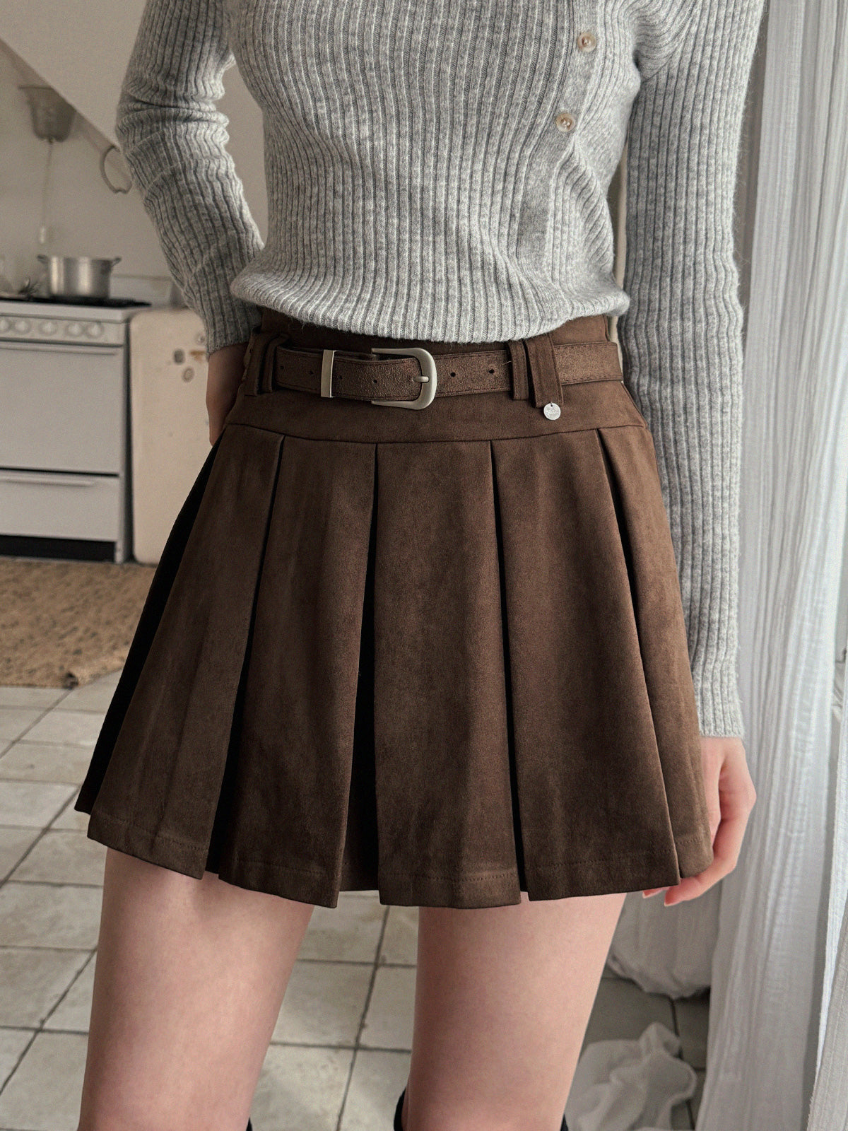 Apode Suede Pleated Mini Skirt (with Belt)