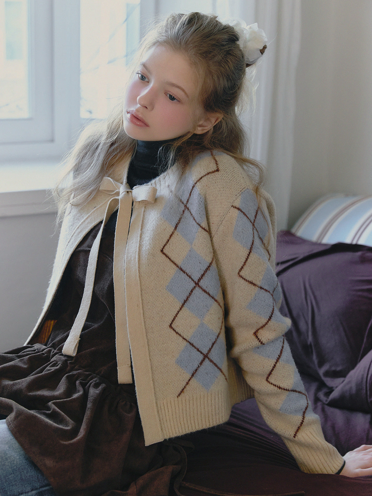 Beon Argyle Ribbon Knit Cardigan
