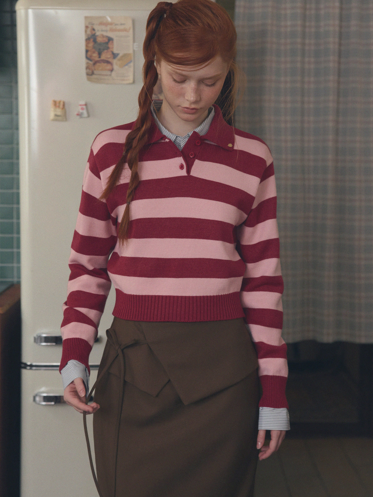 Nuo Stripe Contrast Collar Long Sleeve Knit