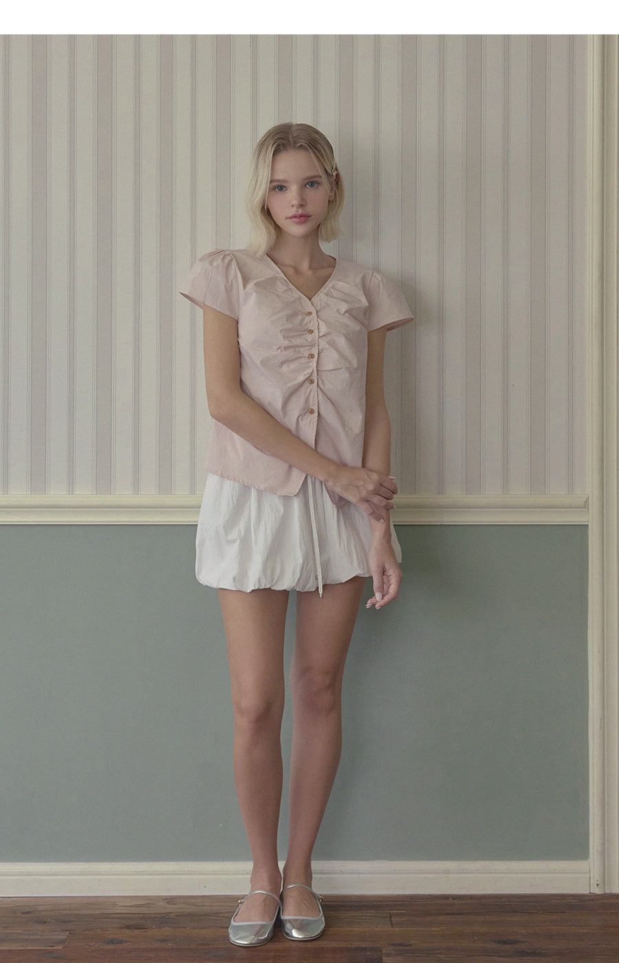 Witty Button Shirring Blouse