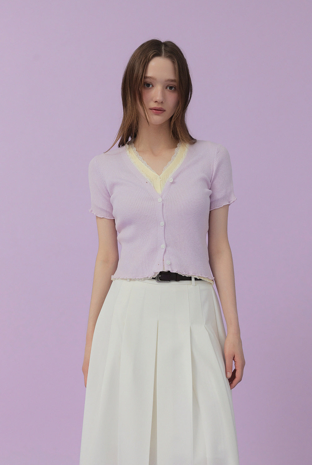 Olleu Lace Layered Short-Sleeve Knit