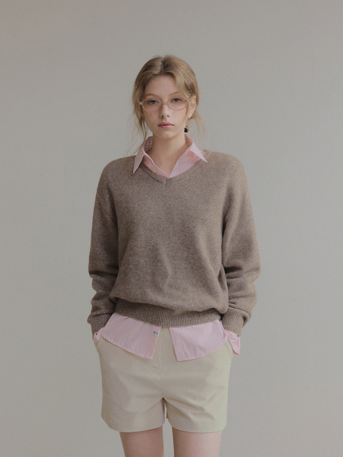 Twill Basic V-Neck Long Sleeve Knit