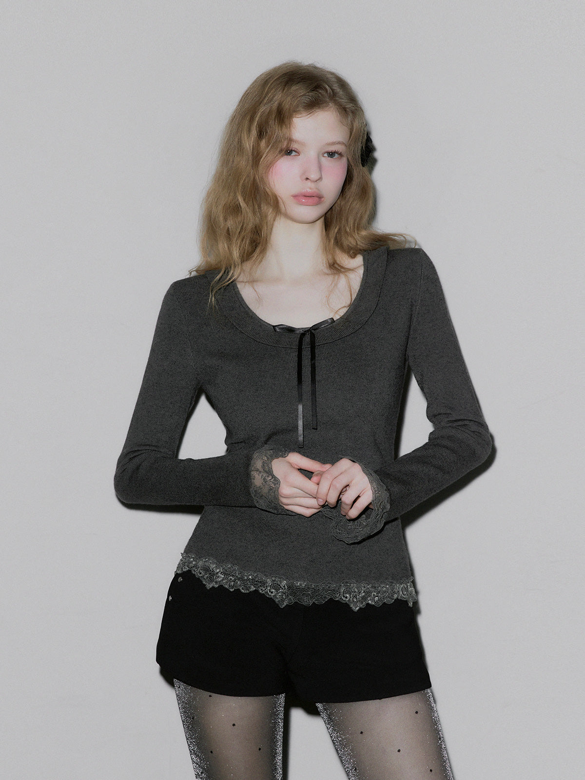 BEAR Frill Lace Ribbon Knit Top