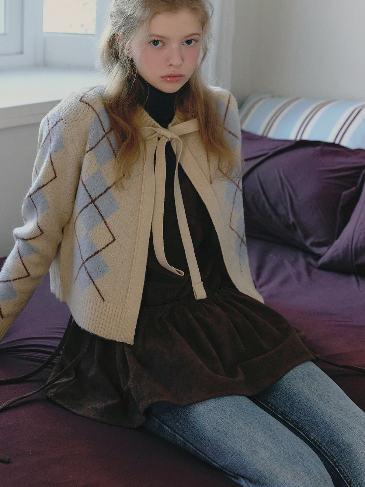 Beon Argyle Ribbon Knit Cardigan