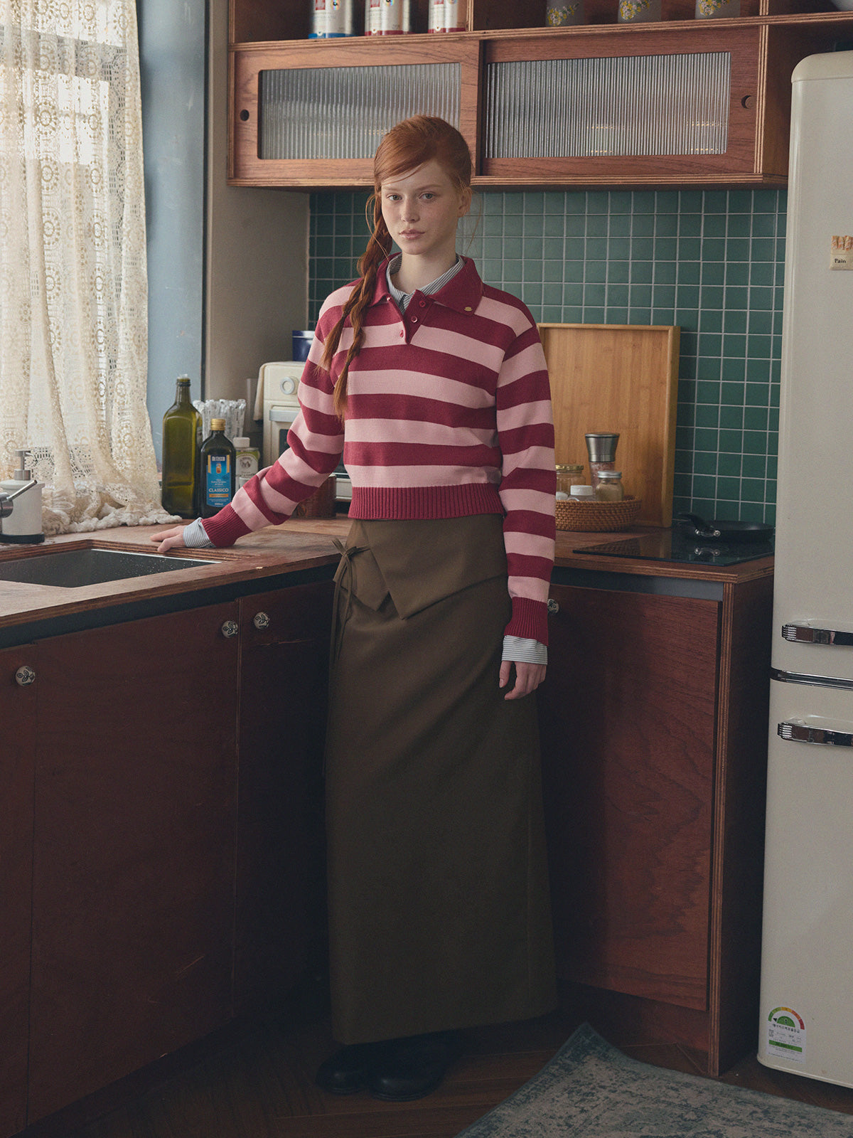 Nuo Stripe Contrast Collar Long Sleeve Knit