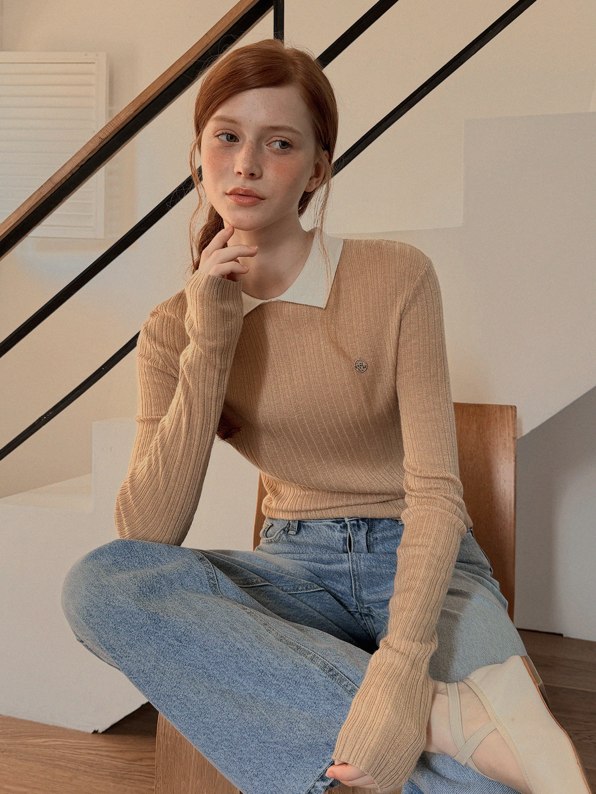 Rimet Contrast Collar Long Sleeve Knit