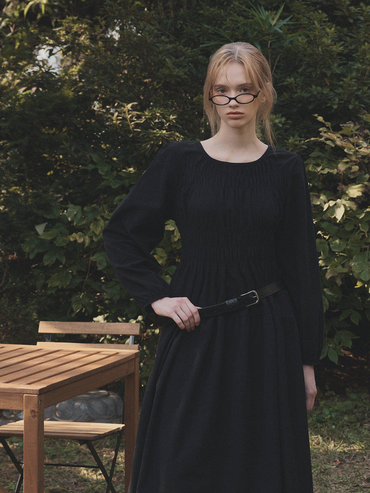 Lecel Corduroy Smock Banding Long Dress