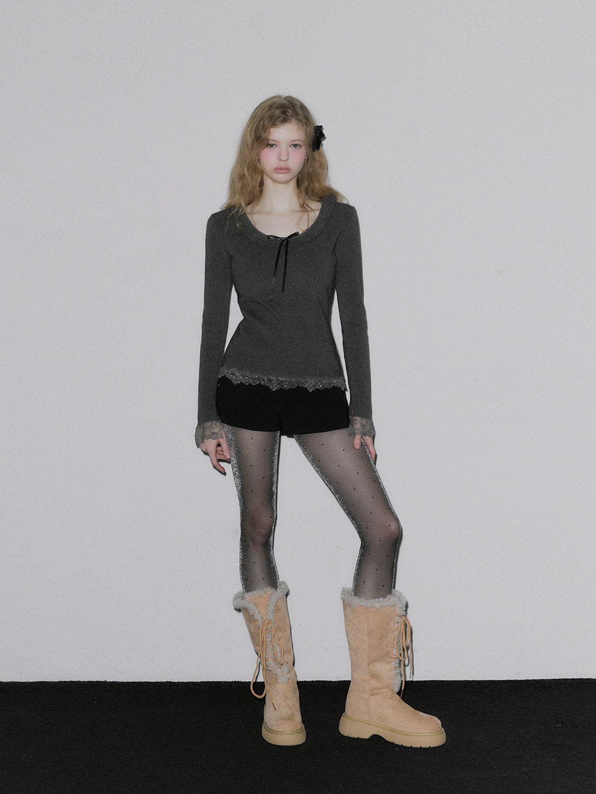 BEAR Frill Lace Ribbon Knit Top