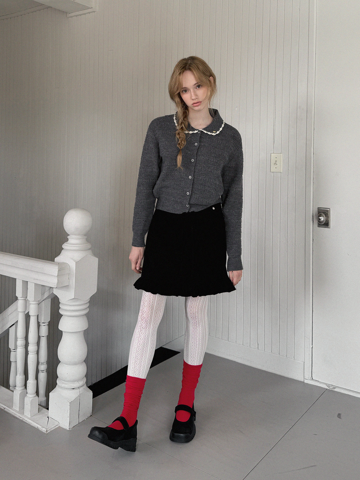 Molly Contrast Collar Pattern Knit Cardigan