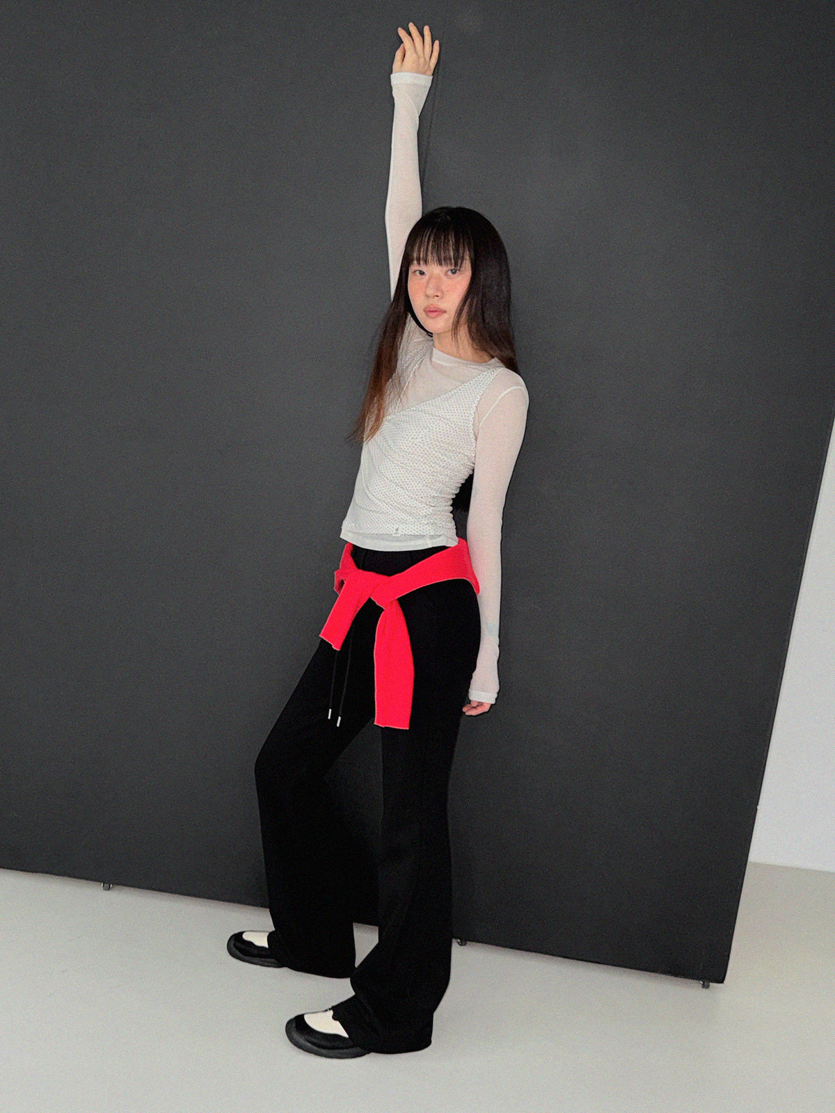Blan elastic-waist bootcut long pants