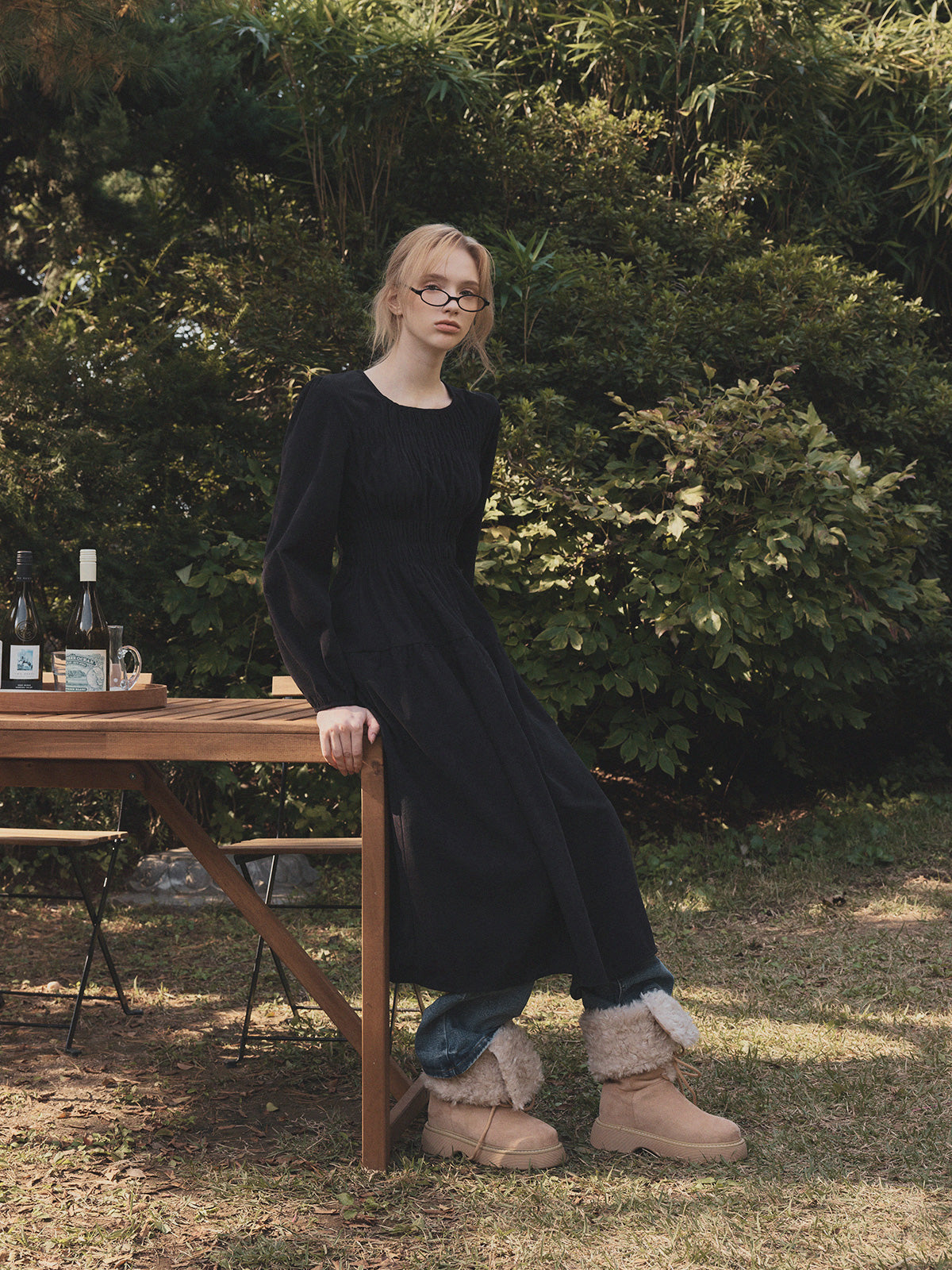 Lecel Corduroy Smock Banding Long Dress