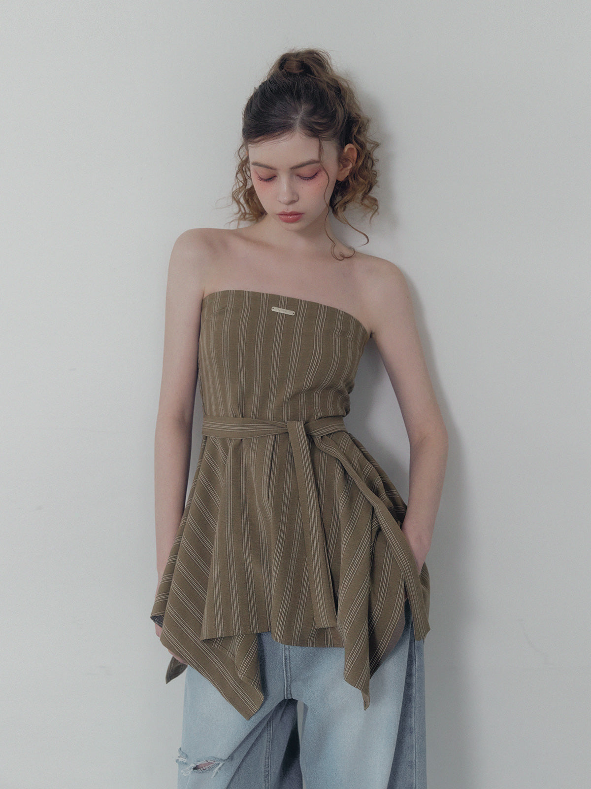 Heichi Stripe Asymmetric Tube Top(Strap Set)