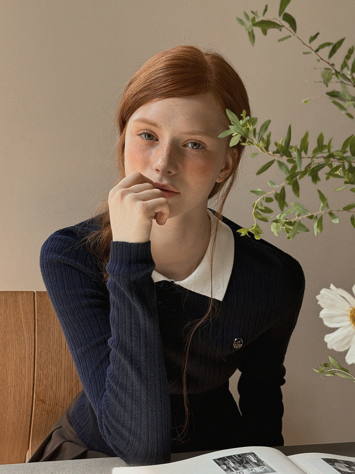 Rimet Contrast Collar Long Sleeve Knit