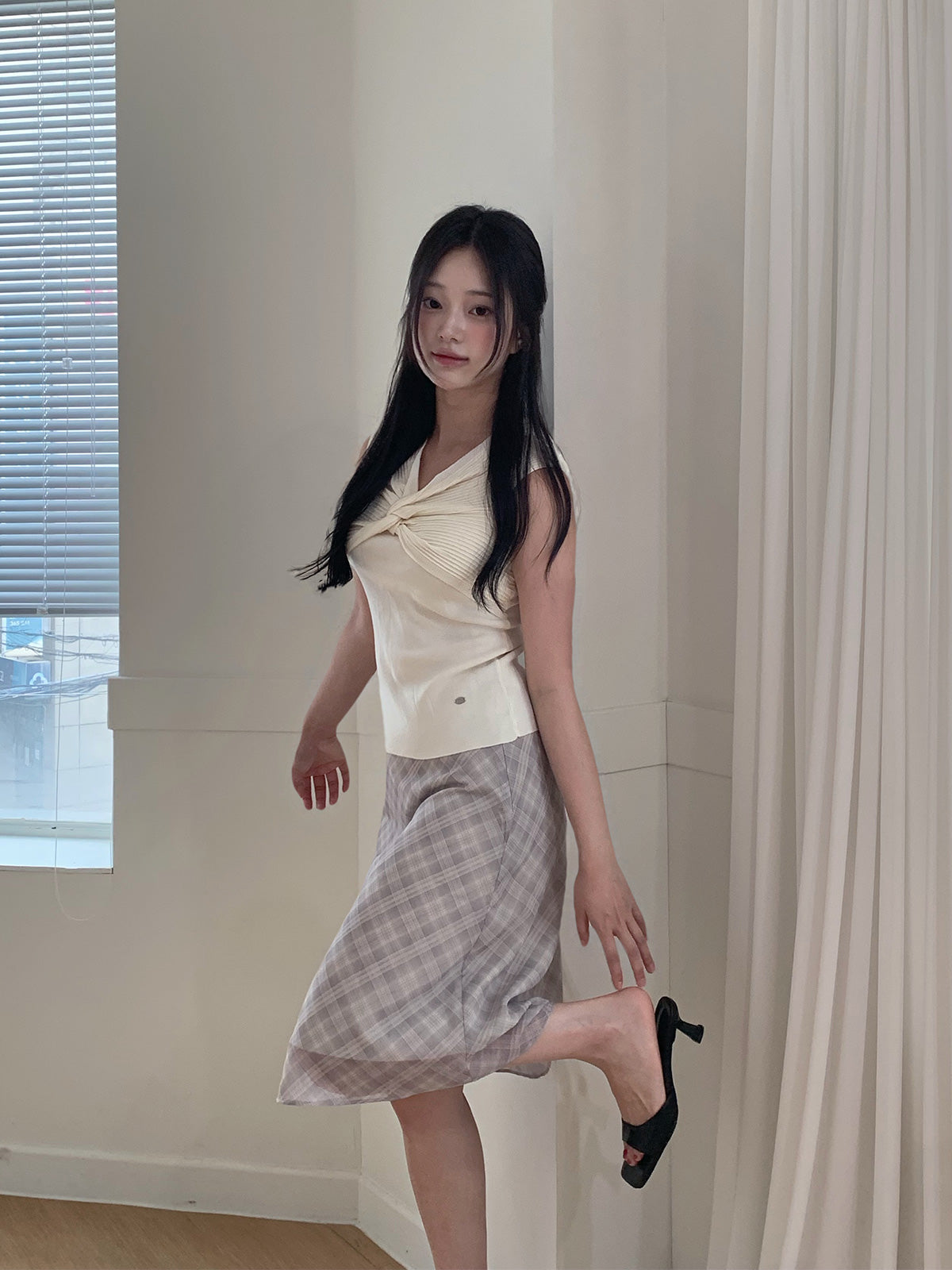 [TWEE] Mush check banding midi skirt