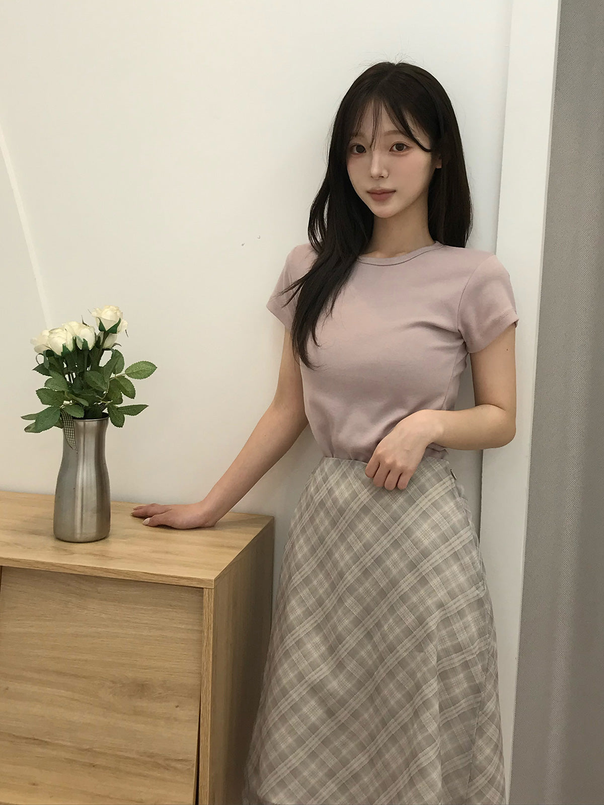 [TWEE] 머쉬 체크 밴딩 미디 스커트