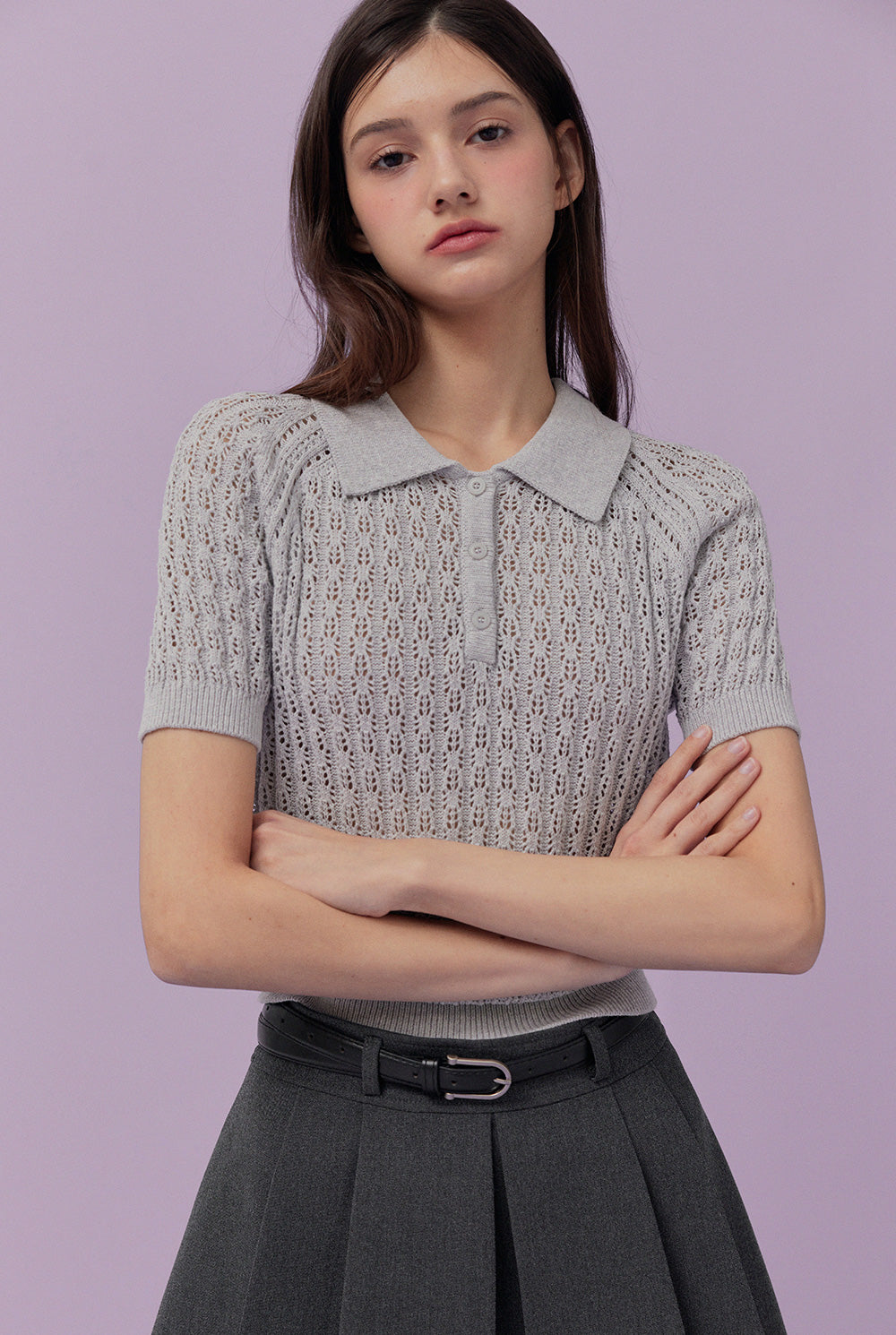 [TWEE] Risael Punching Collar Short-Sleeve Knit