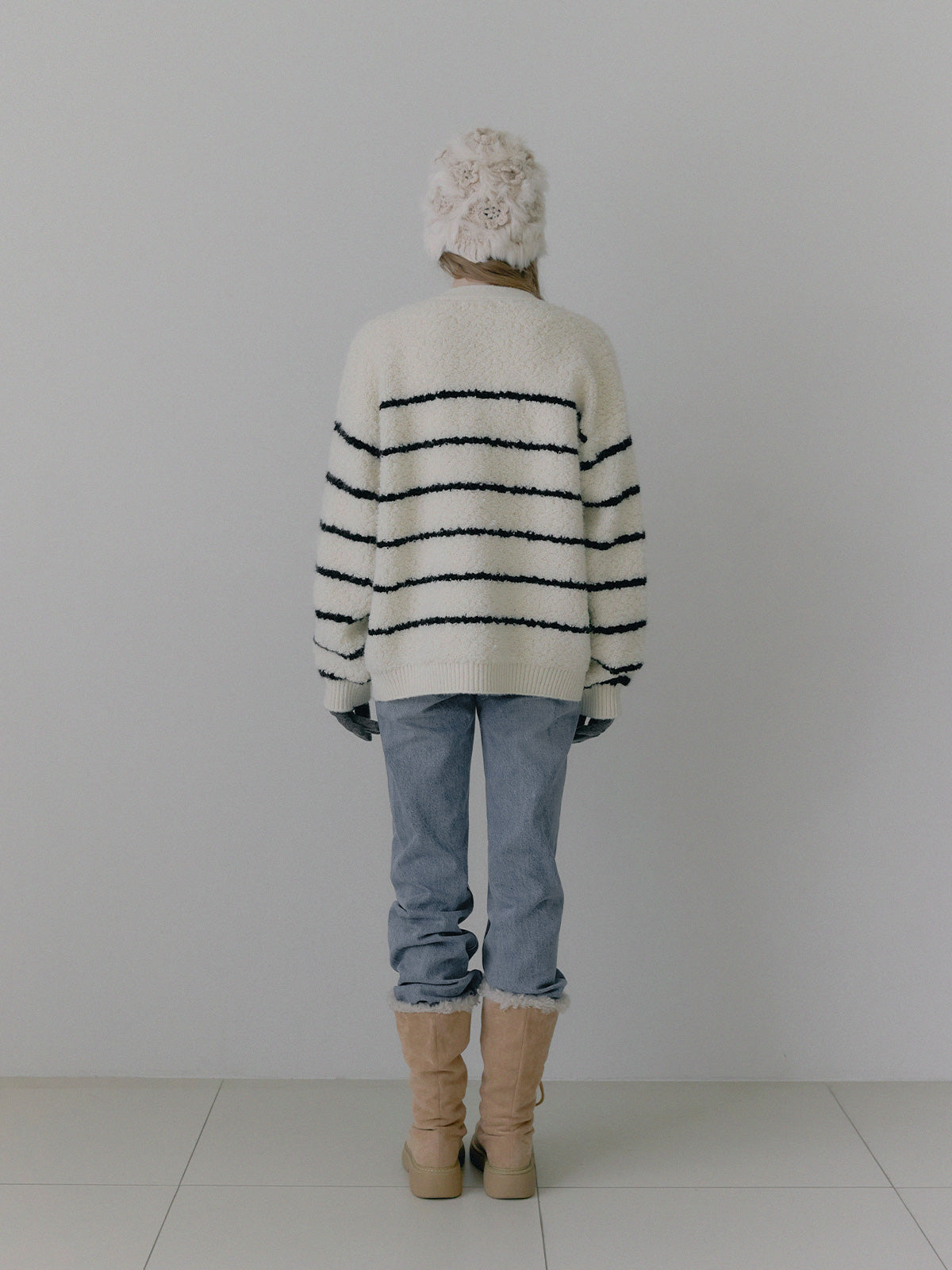 [TWEE] Cardigan Oversize a V con Bouclé a Righe Dent