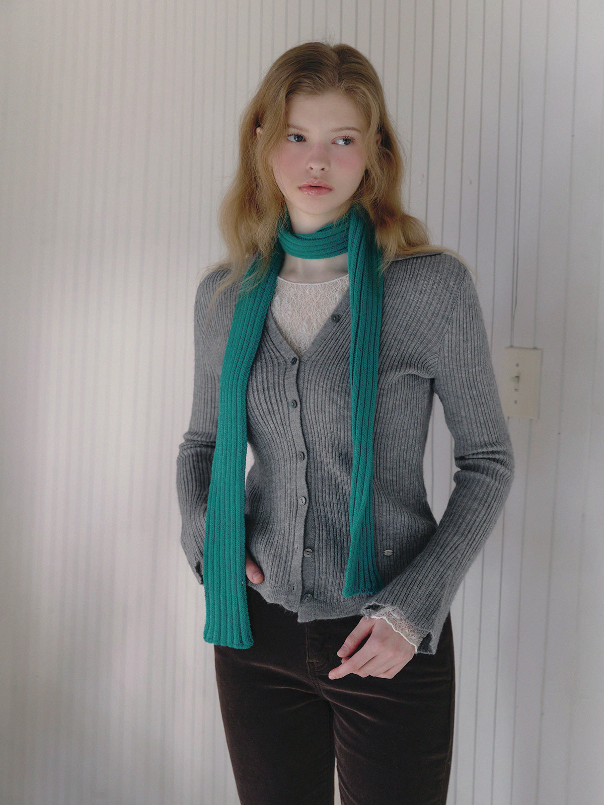 【TWEE】Tails-Kragen gerippte Langarm-Strickjacke