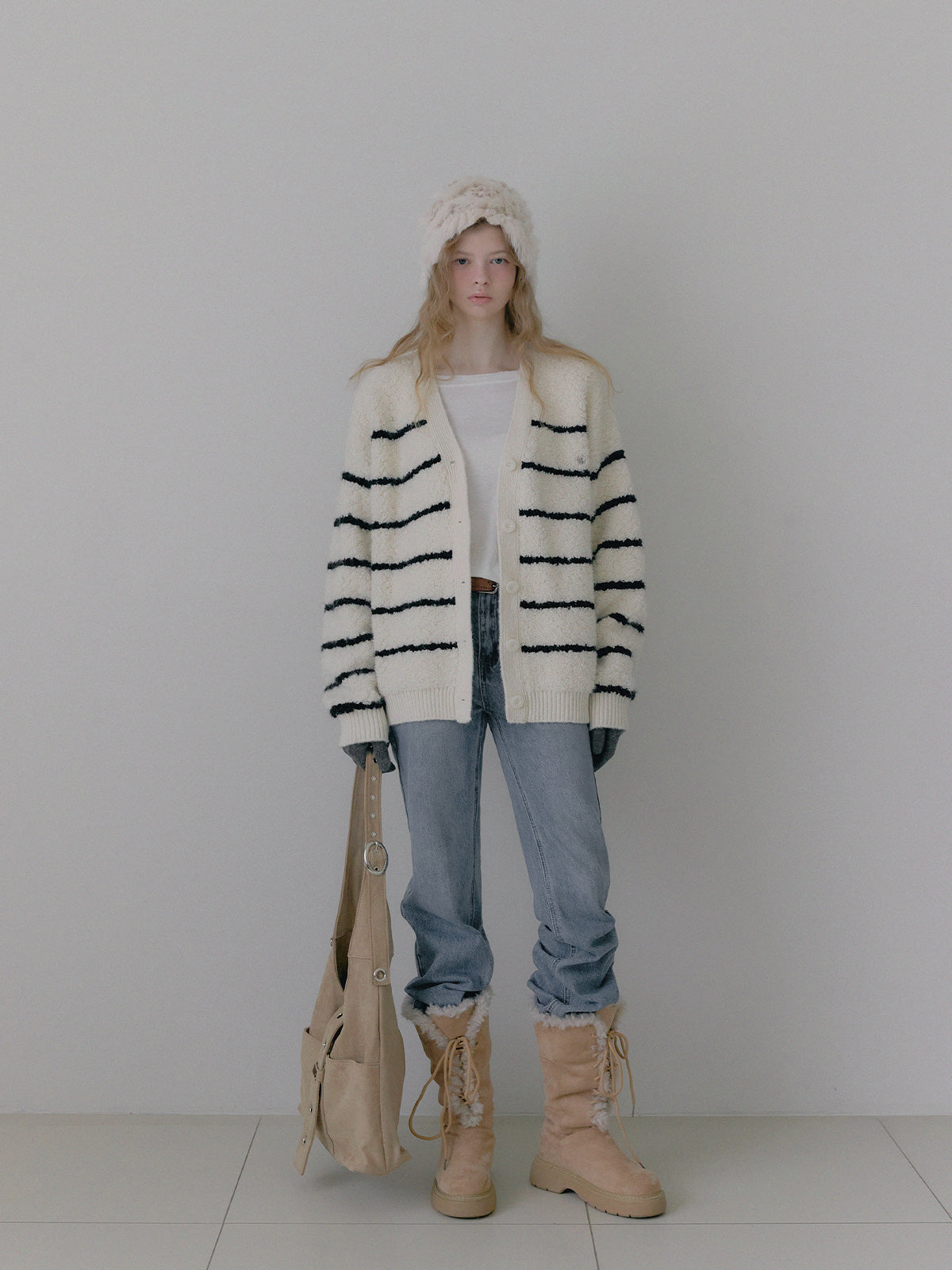 [TWEE] Dent Stripe Bouclé V-Ausschnitt Oversize Cardigan