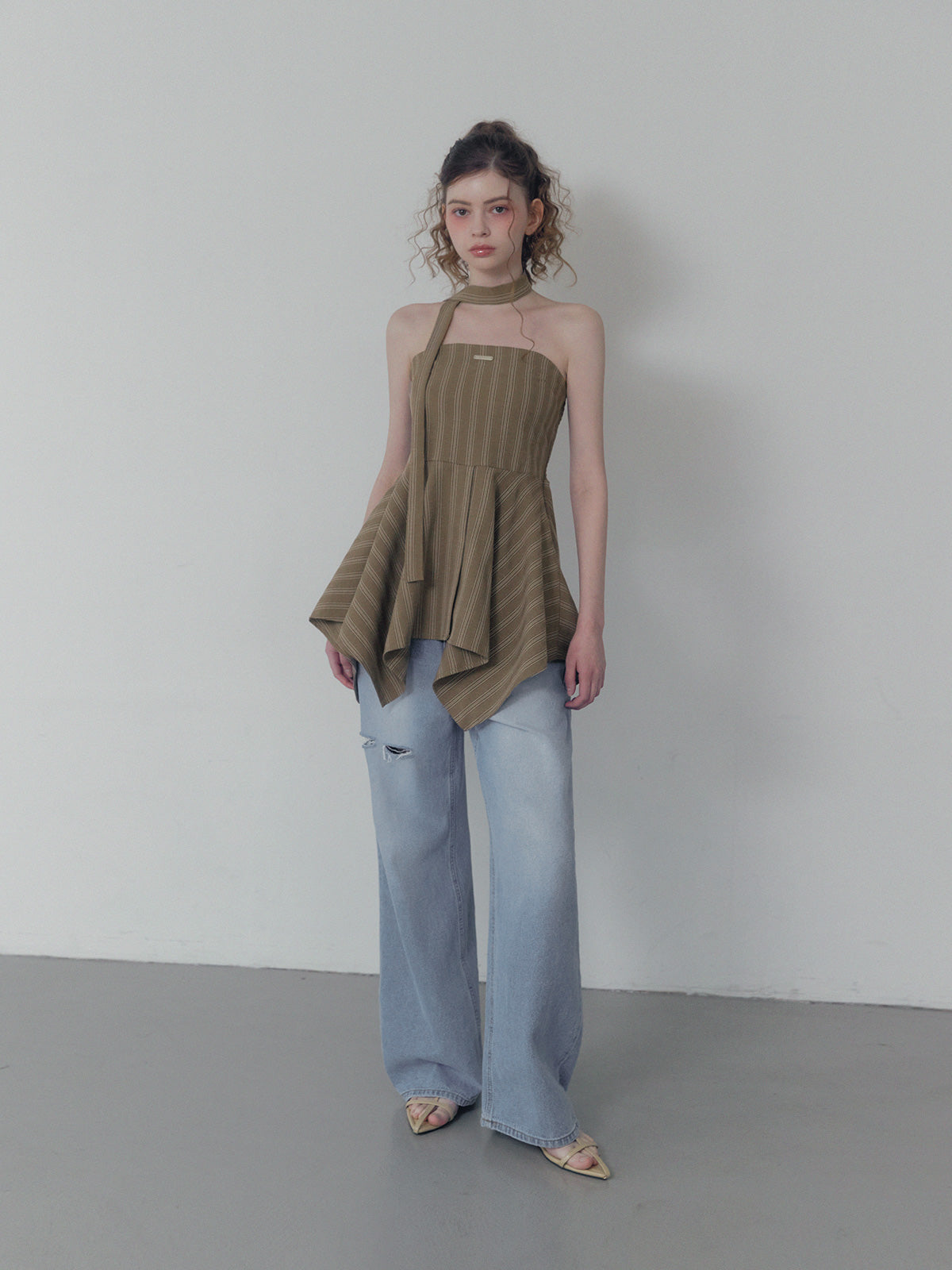 [TWEE] Heichi Stripe Asymmetric Tube Top(Strap Set)