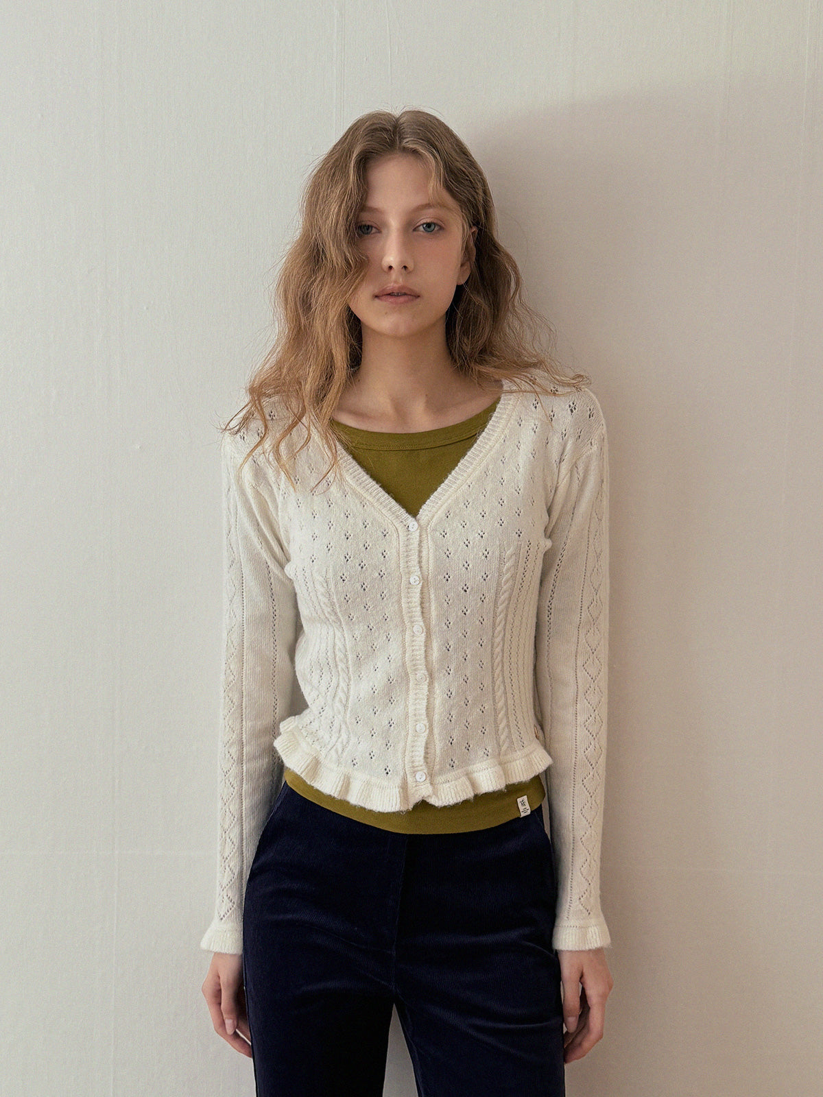 [TWEE] Snedy Punching Frill Knit Long-Sleeve Cardigan