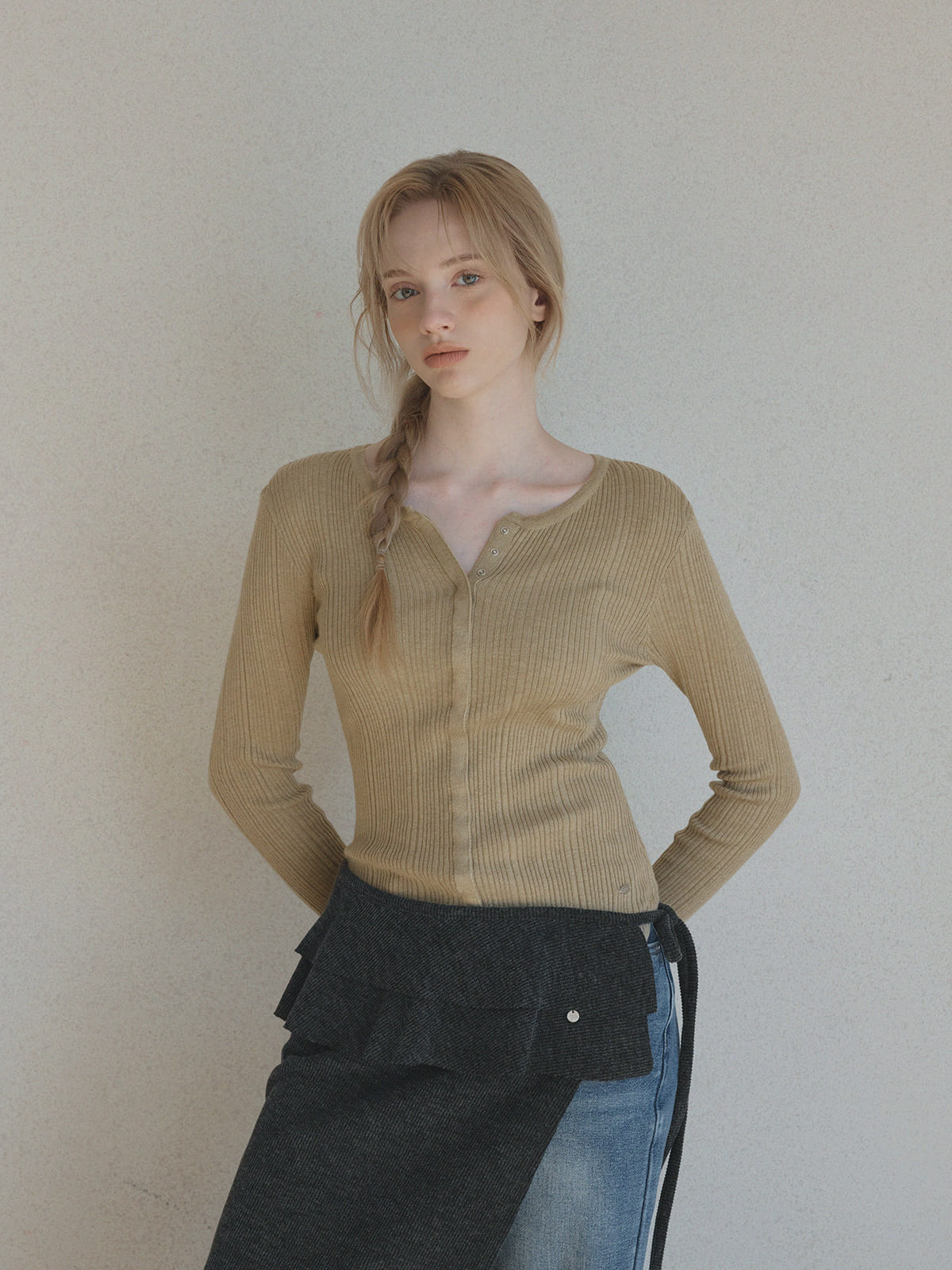 [TWEE] Lingtwo Pulsante Nascosto Maglia Sottile