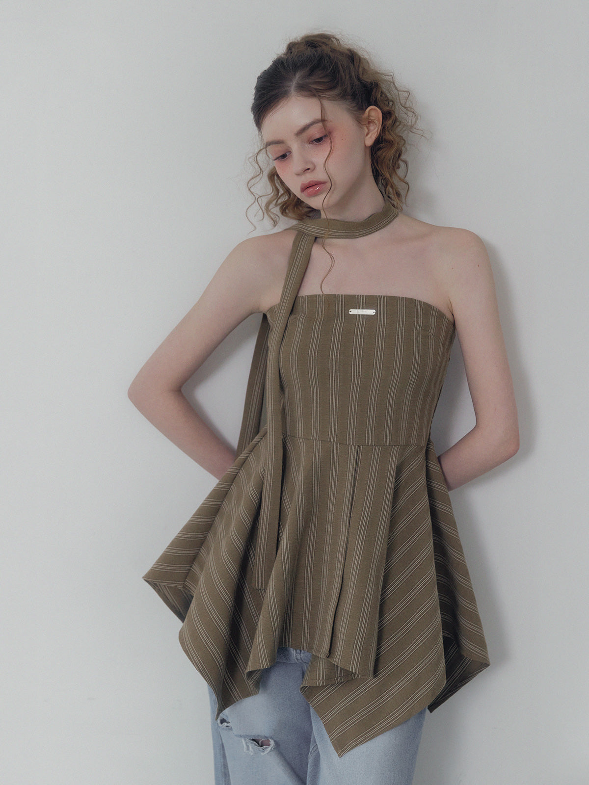 [TWEE] Heichi Stripe Asymmetric Tube Top(Strap Set)