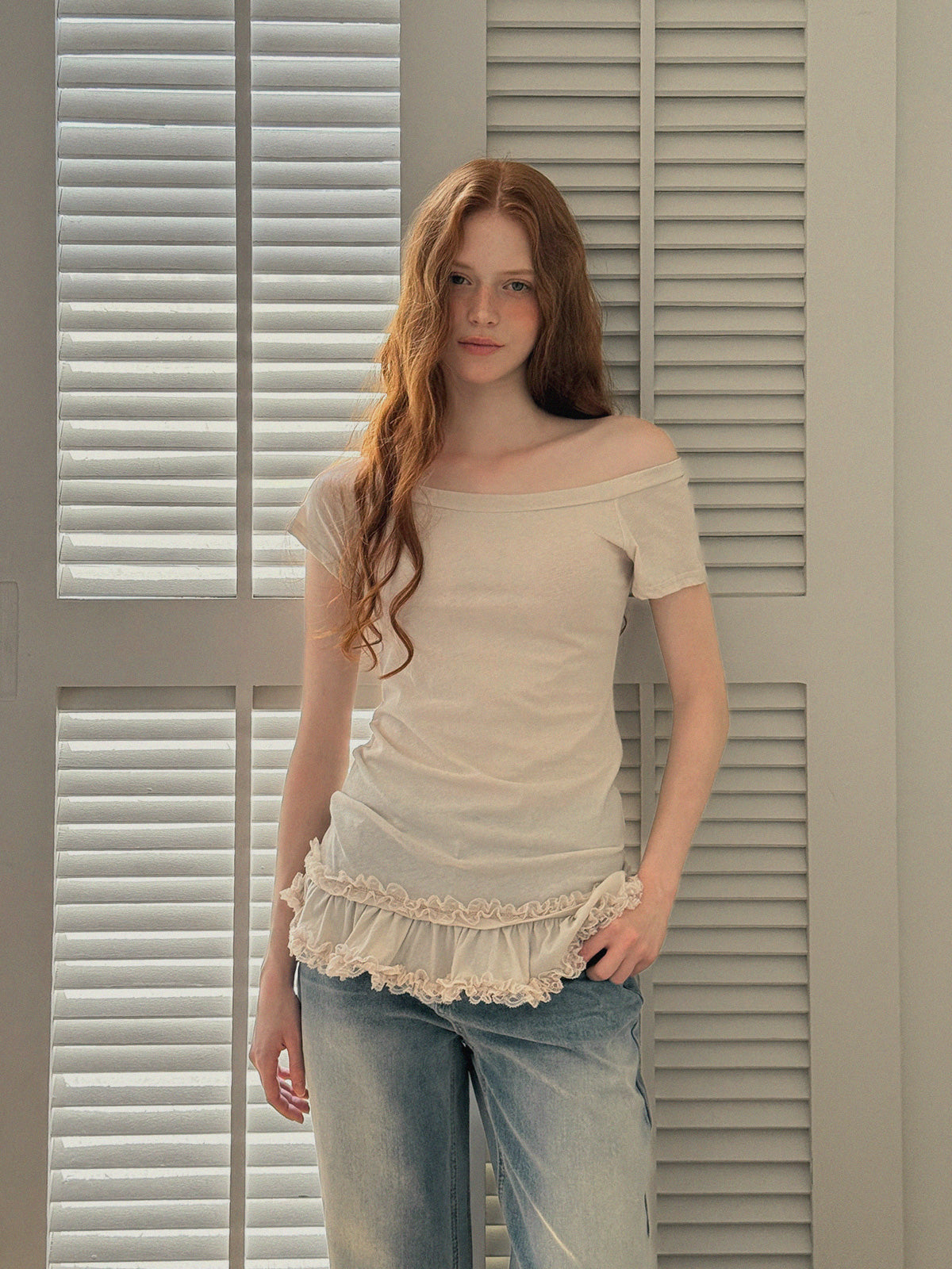 [TWEE] Beige Frill Off-Shoulder Short Sleeve Tee