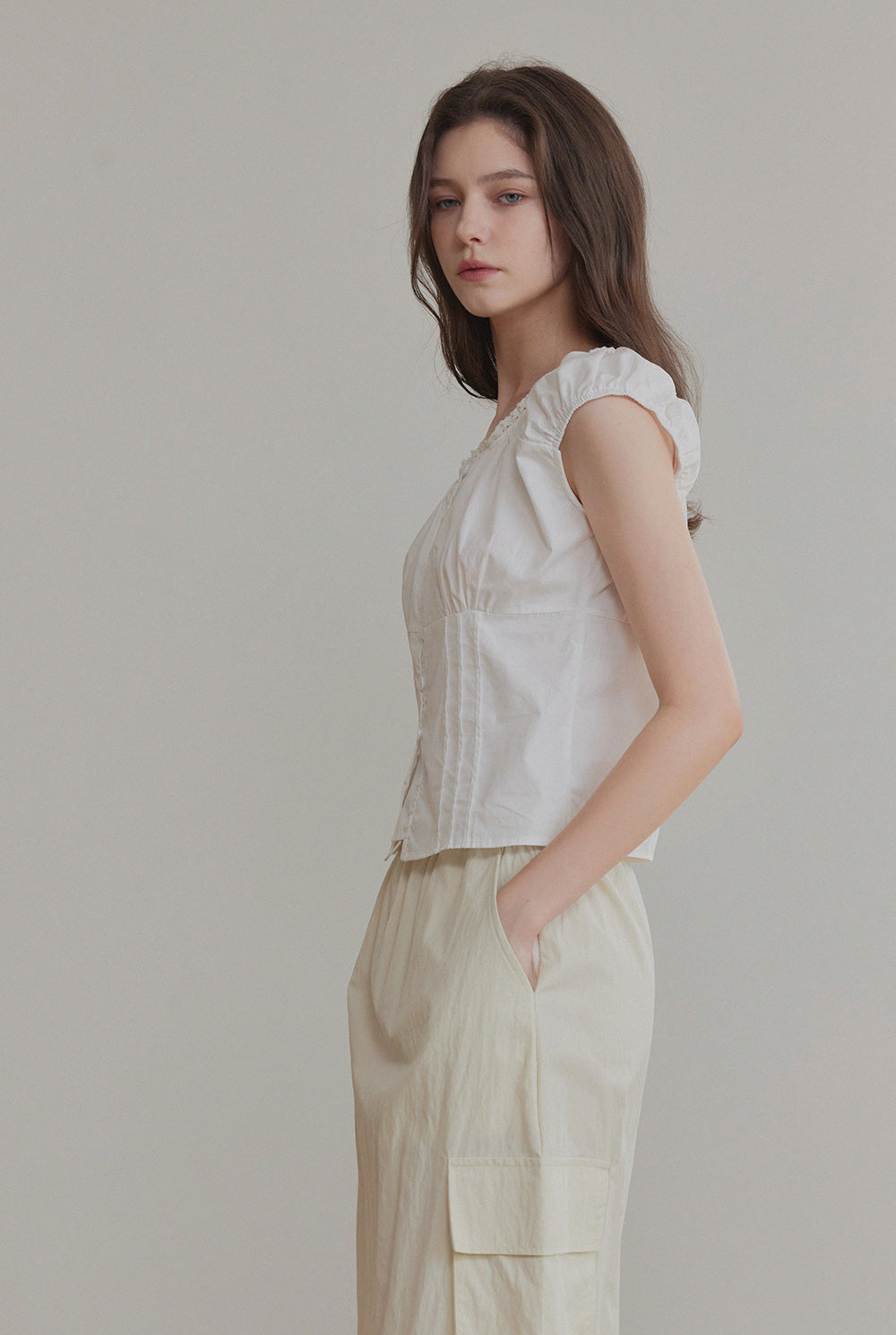 [TWEE] Slan Lace Pintuck Button Blouse