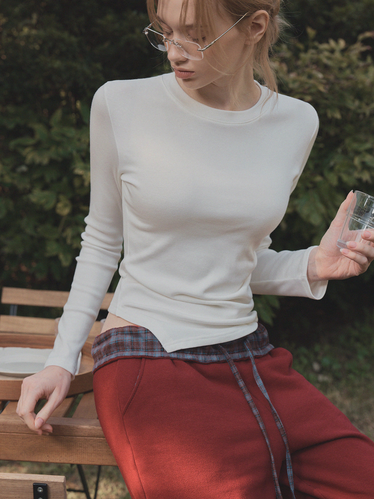 [TWEE] Teld Raffung Rundhals Langarmshirt