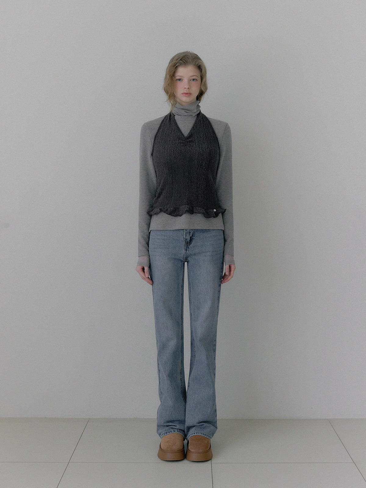 [TWEE] Áo Bustier Dây Yếm Họa Tiết Boucle Có Viền Xếp Ly