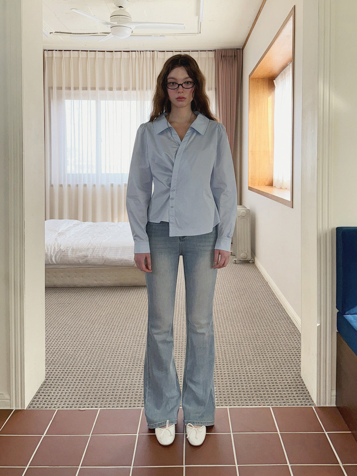 [TWEE] Conte Puff Asymmetrical Wrap Long Sleeve Shirt Blouse