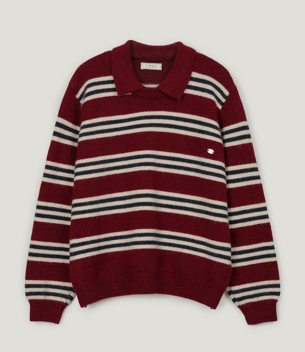 [TWEE] 주름 스트라이프 럭비 칼라 니트 탑