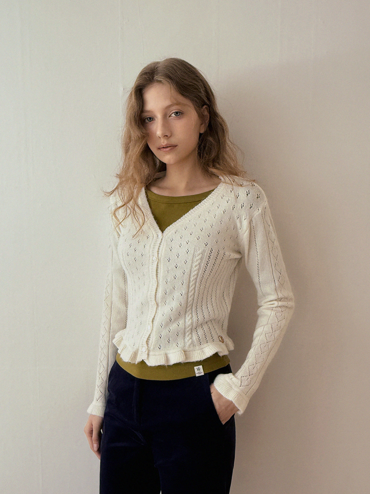 [TWEE] Snedy Punching Frill Knit Long-Sleeve Cardigan