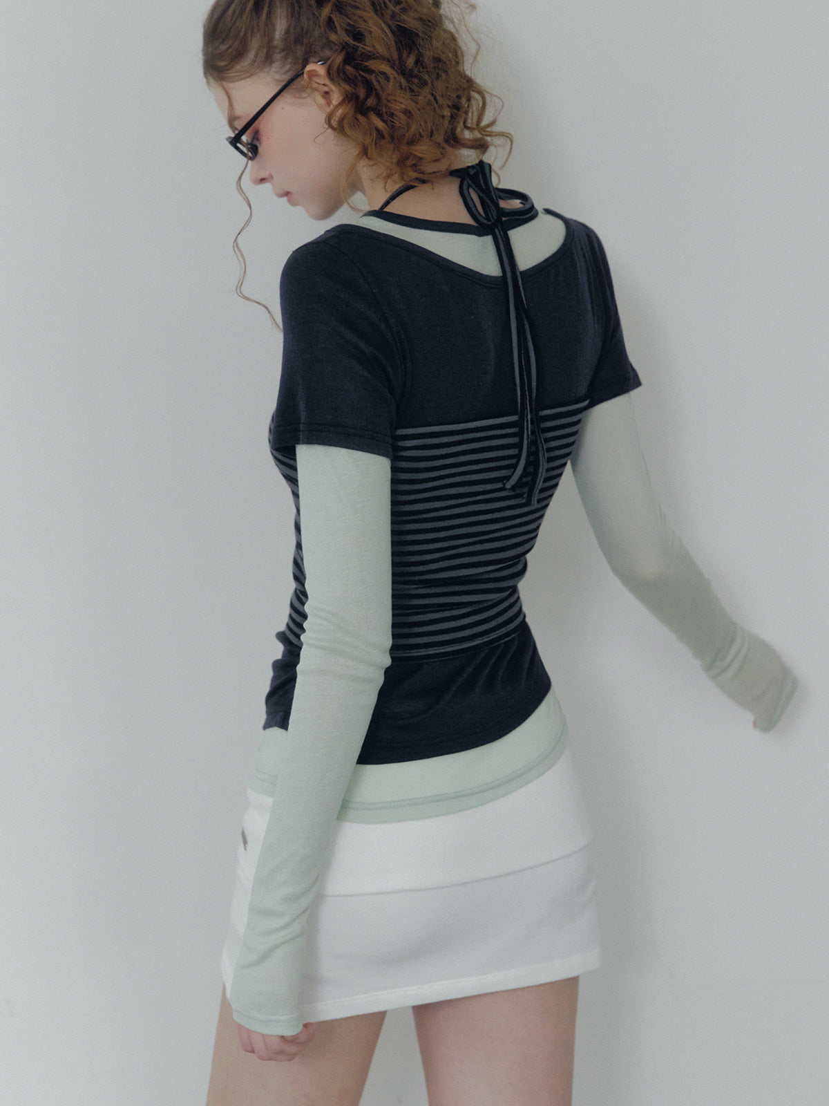 【新品】リエルリシェShirring Long Sleeve Tops Lett contrast layered shirring long sleeve t-shirt