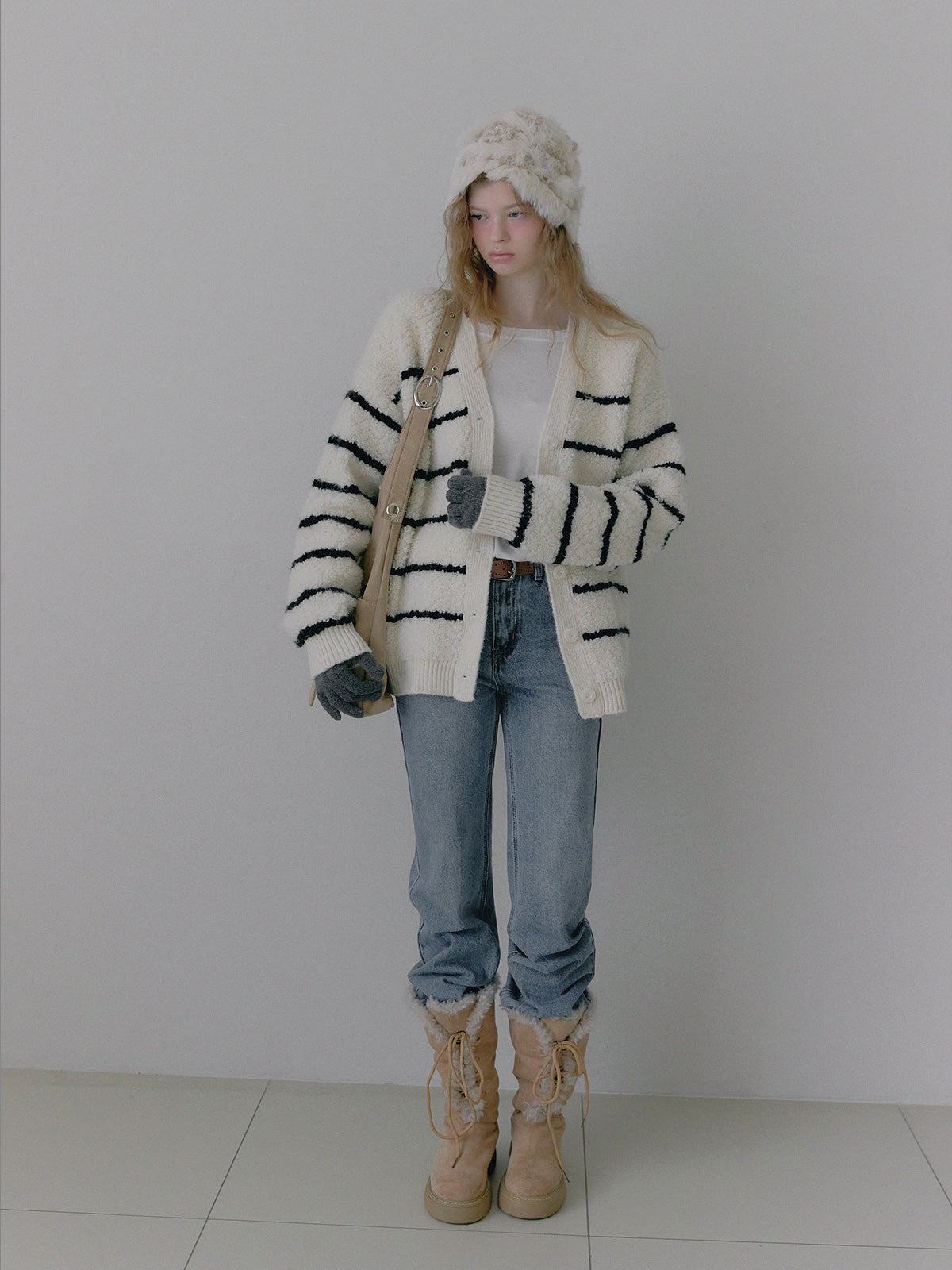 [TWEE] Cardigan Oversize a V con Bouclé a Righe Dent