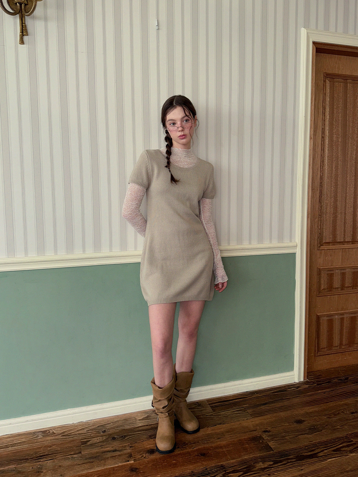 [TWEE] Eton Knit Short-Sleeve Mini Dress (Strap Set)