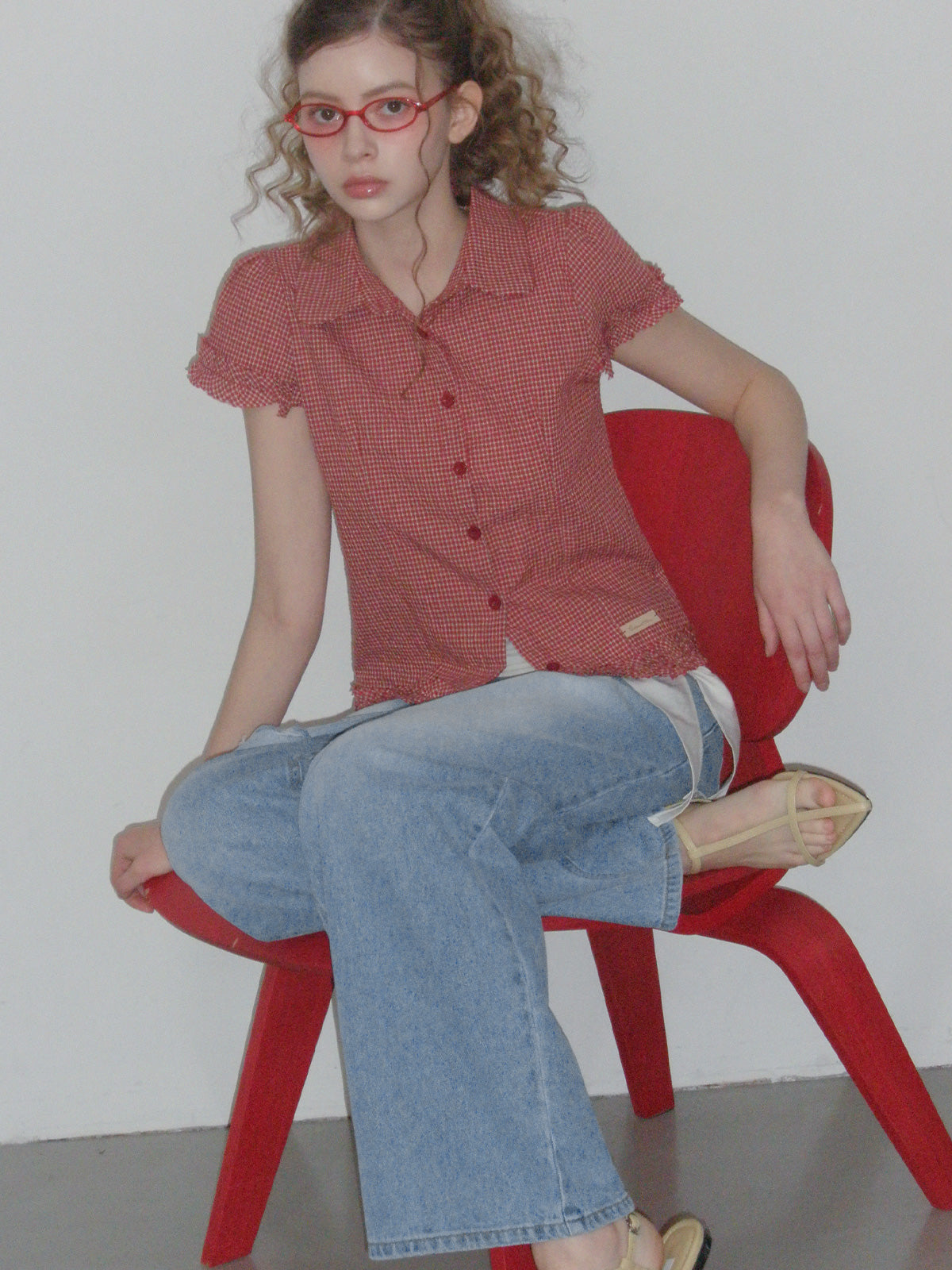 [TWEE] Roel check frill short sleeve blouse