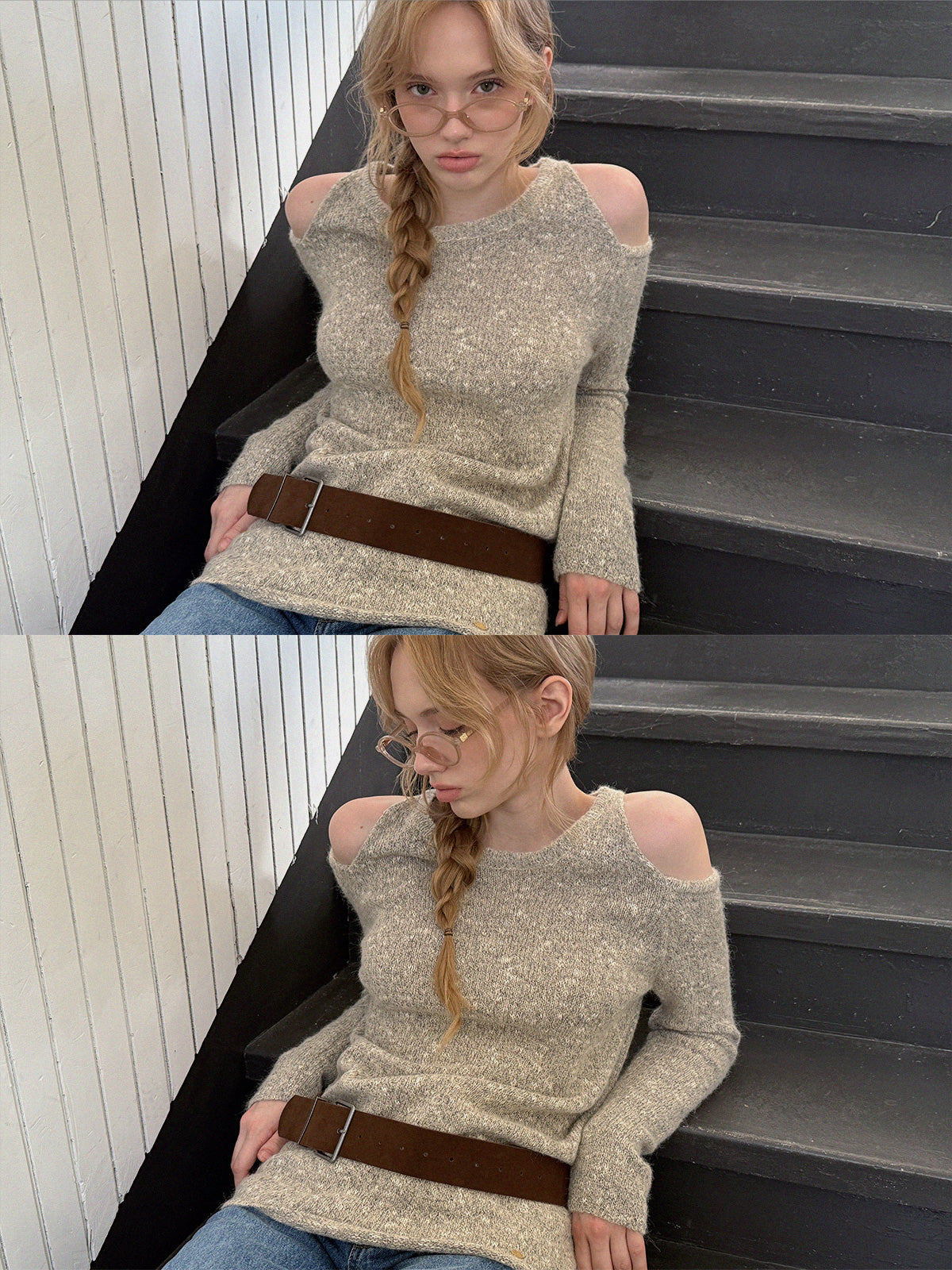 [TWEE] Bels Shoulder Cutout Knit Top (Belt Set)