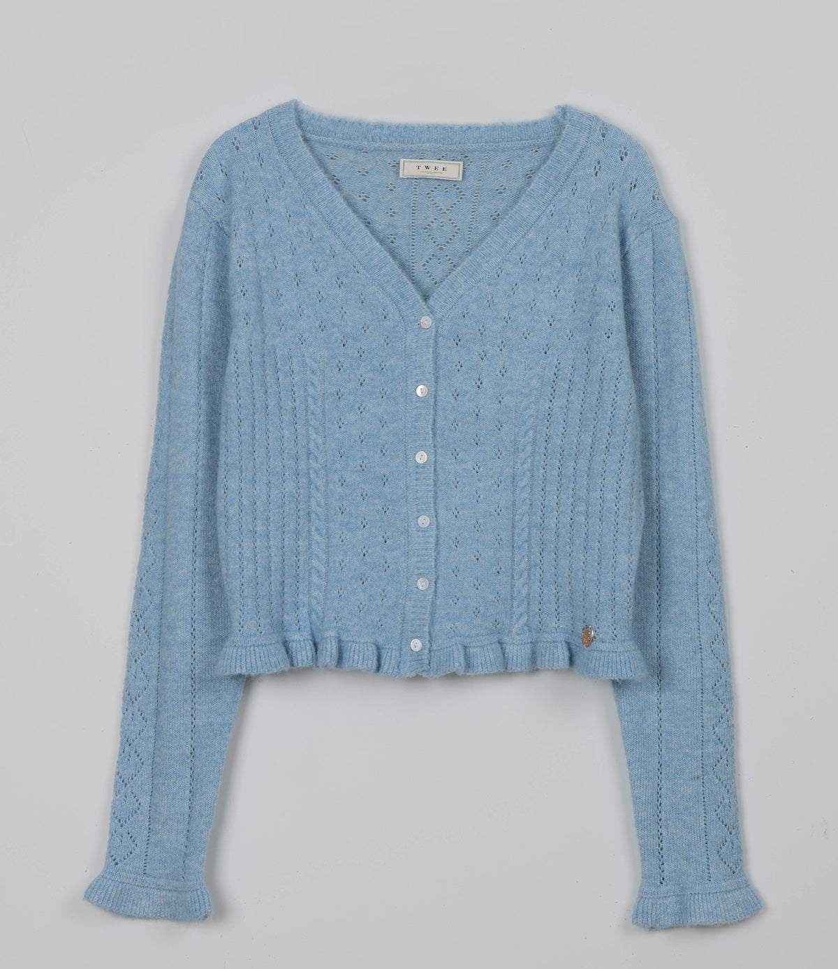 [TWEE] Snedy Punching Frill Knit Long-Sleeve Cardigan