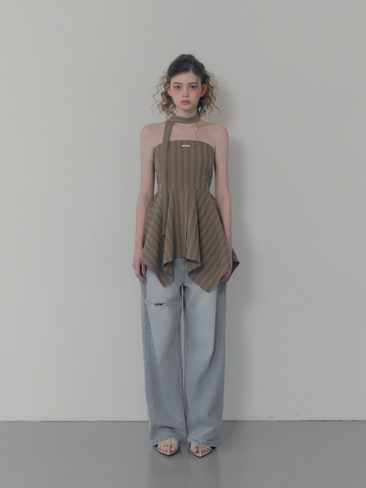[TWEE] Heichi Stripe Asymmetric Tube Top(Strap Set)