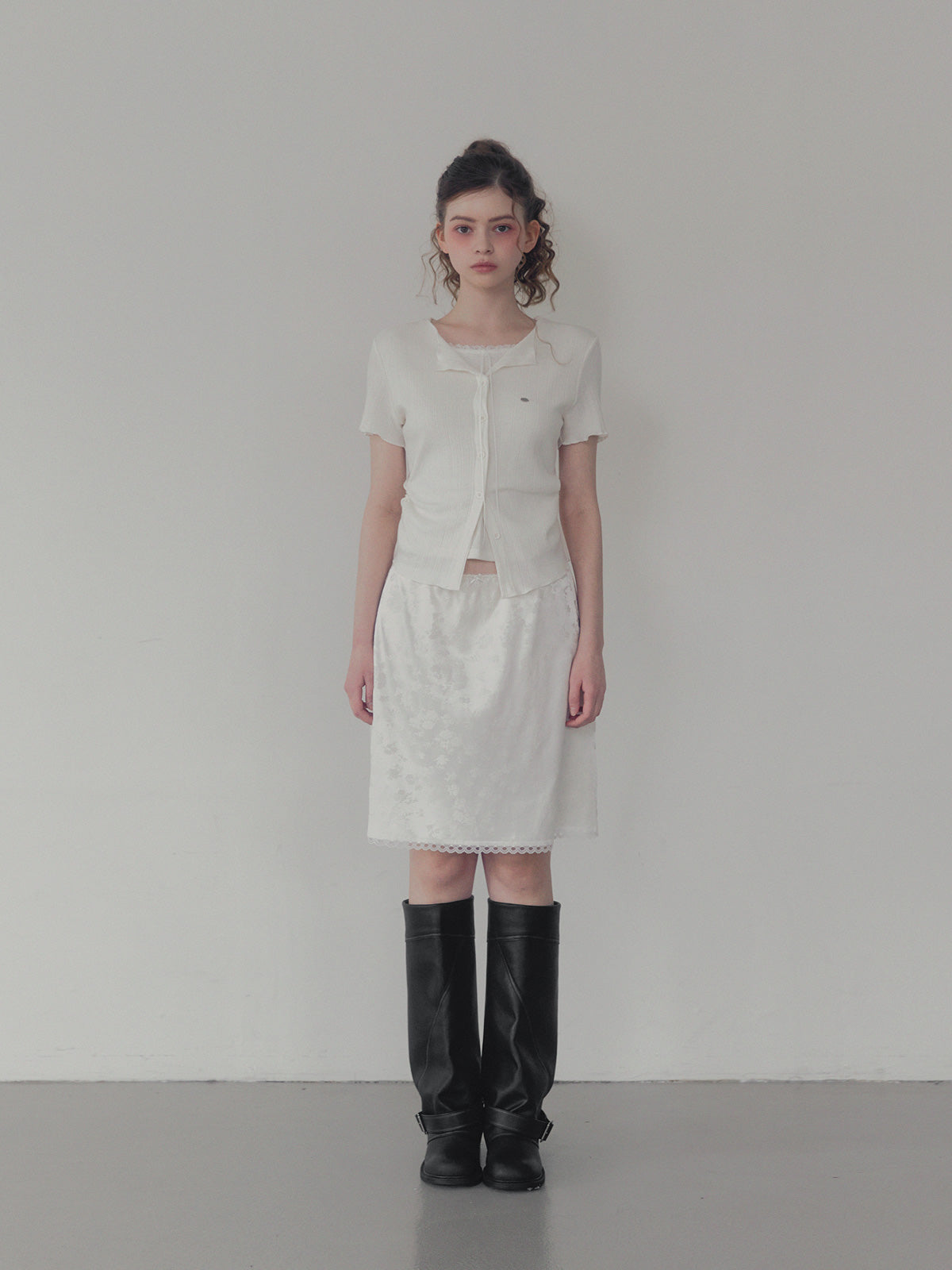[TWEE] Divet flower satin banding midi skirt