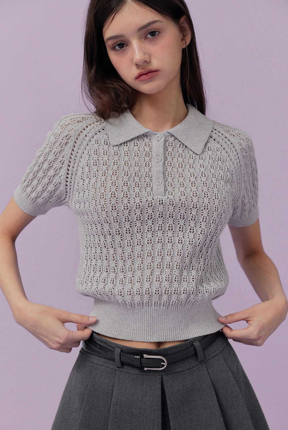 [TWEE] Risael Punching Collar Short-Sleeve Knit