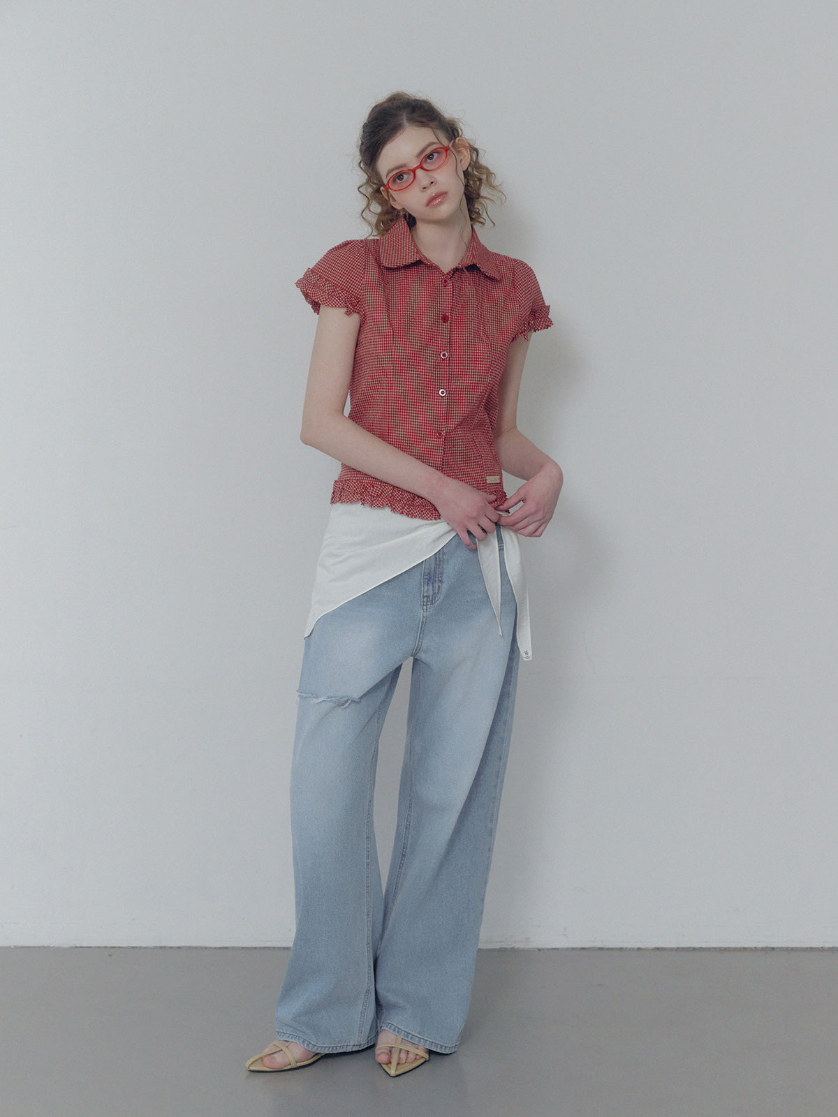 [TWEE] Roel check frill short sleeve blouse