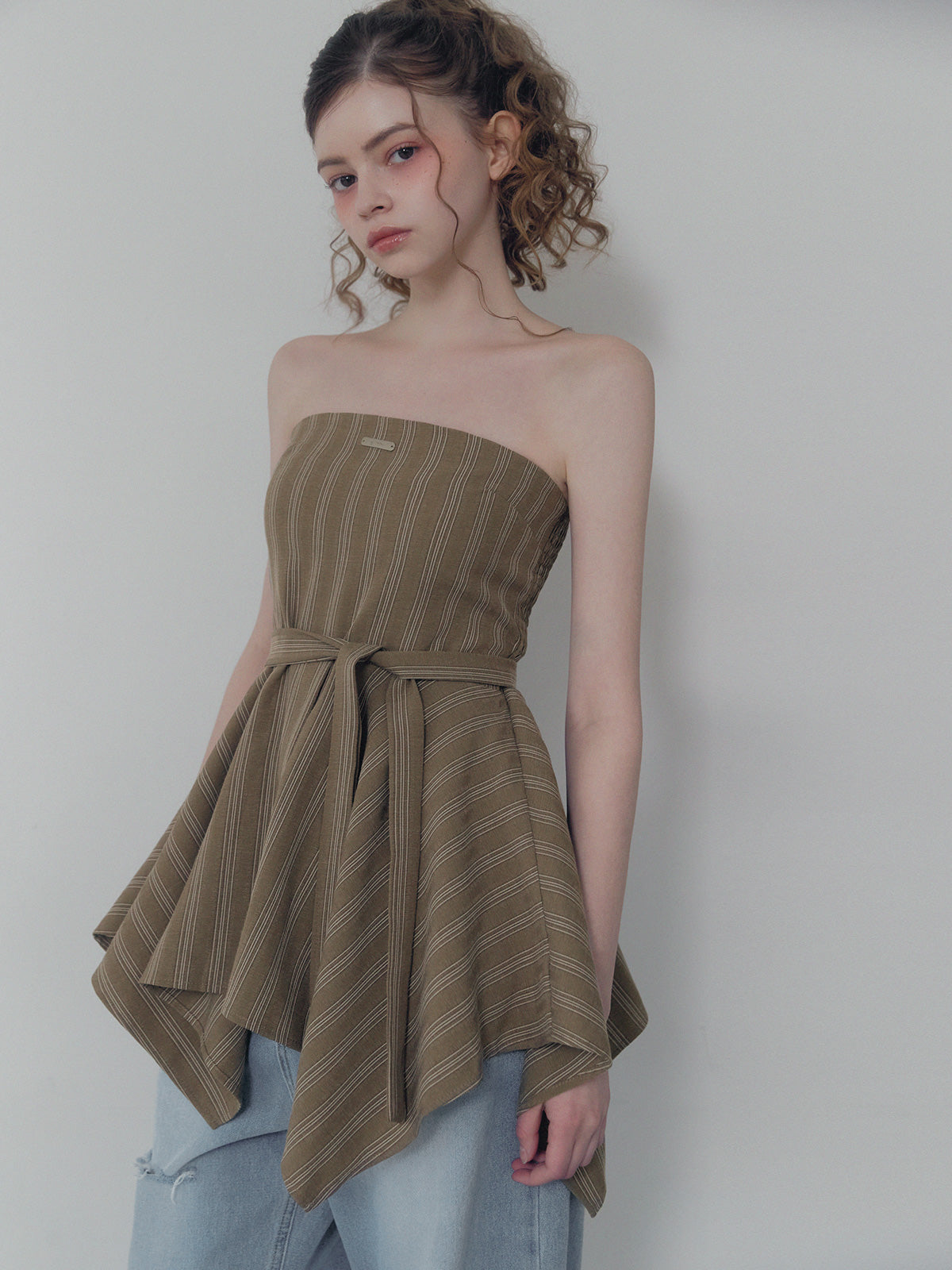 [TWEE] Heichi Stripe Asymmetric Tube Top(Strap Set)