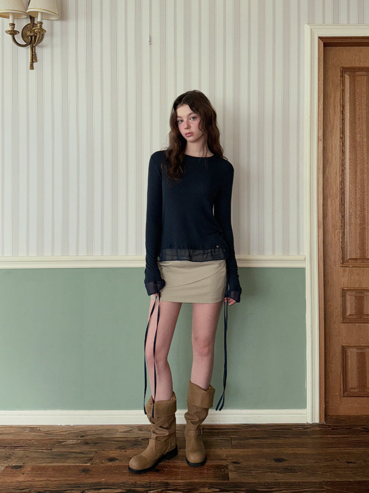 [TWEE] Canvil Sheer Layered Strap Long Sleeve T-Shirt