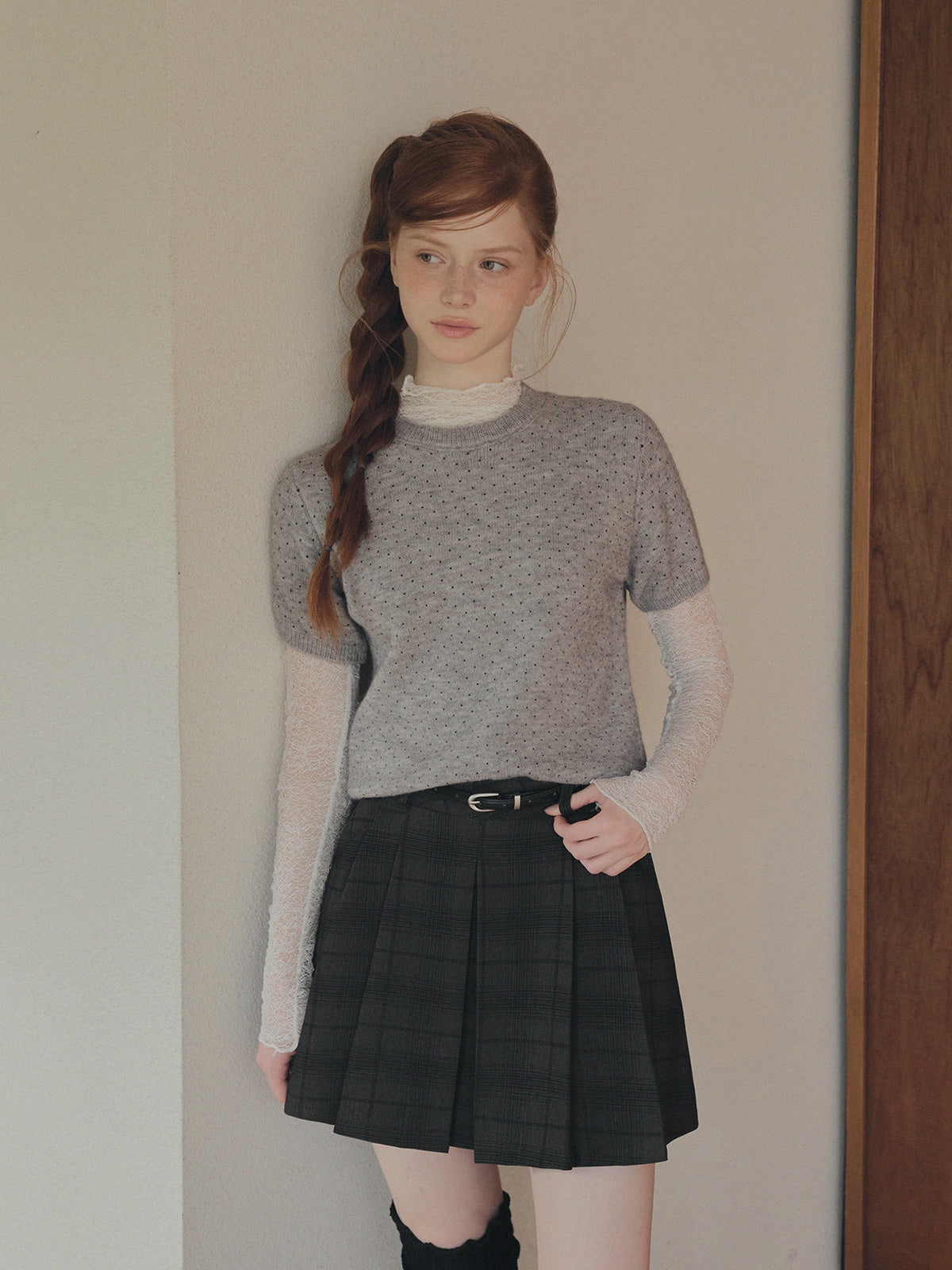 [TWEE] Roben Check Pleated Mini Skirt (with Belt Set)
