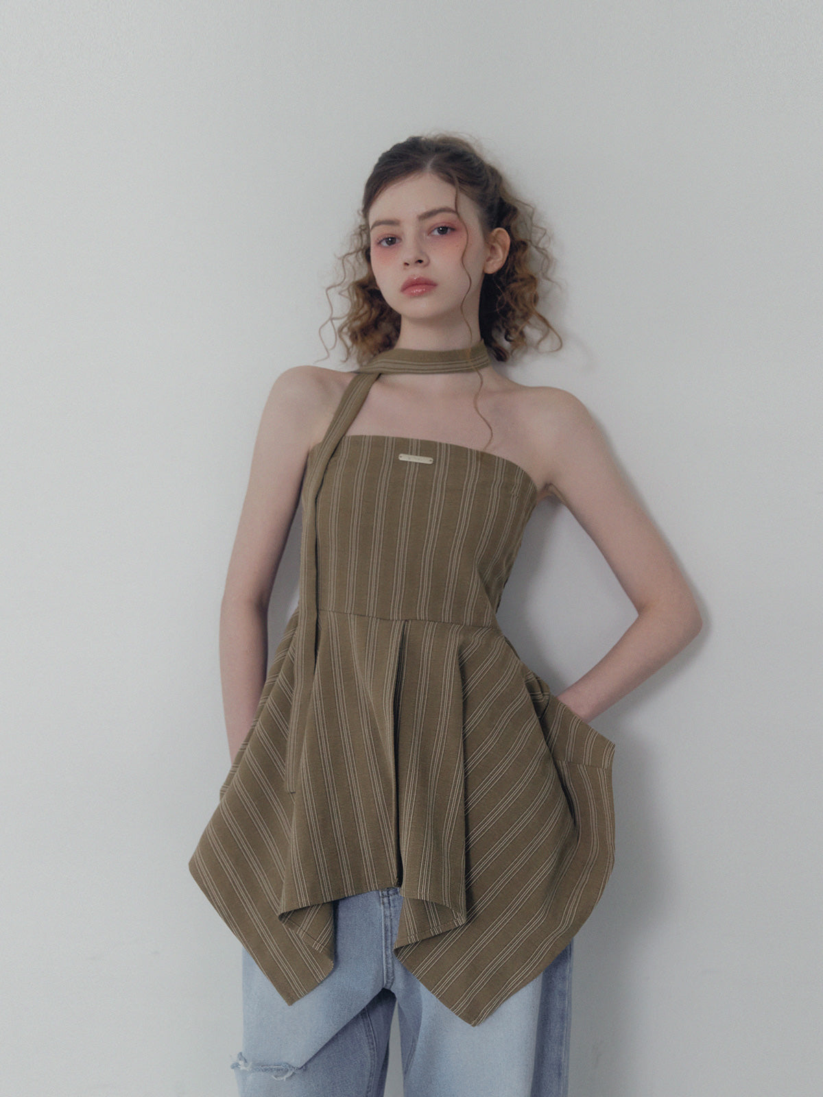[TWEE] Heichi Stripe Asymmetric Tube Top(Strap Set)