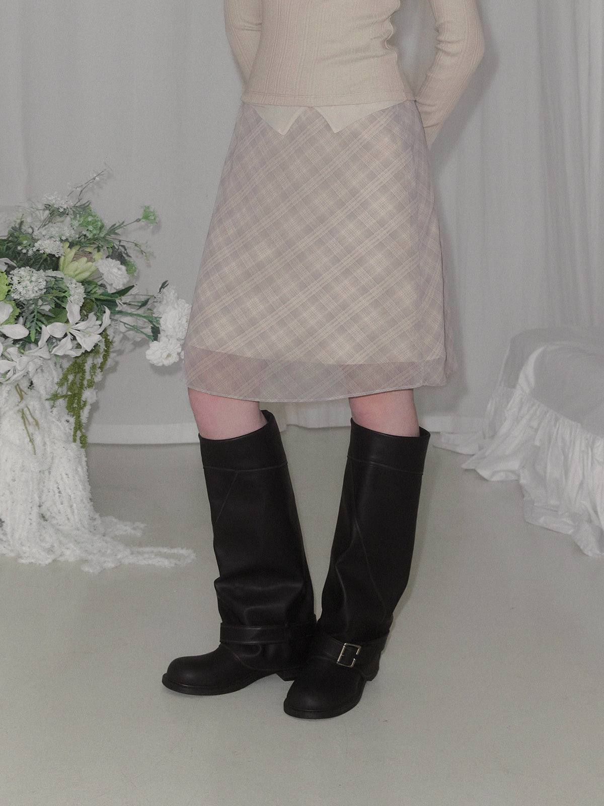 [TWEE] Mush check banding midi skirt